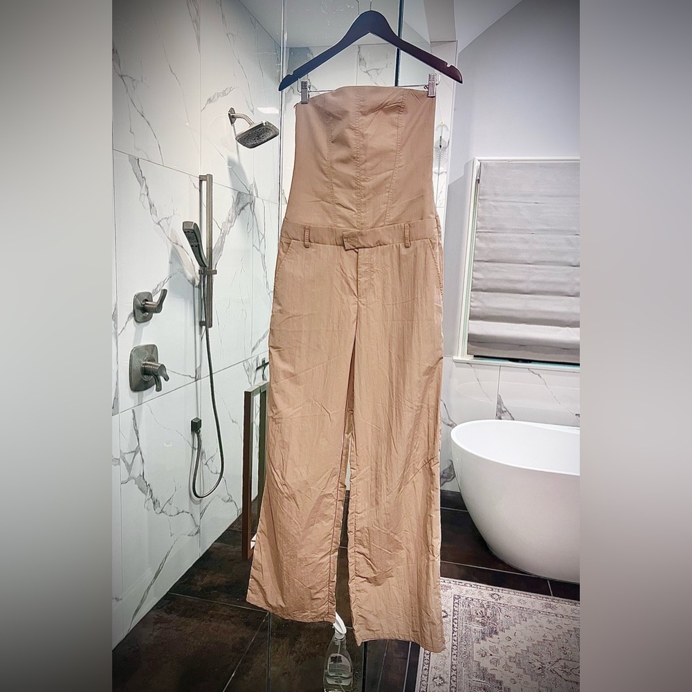 ZARA WOMEN BEIGE STRAPLESS POLYAMIDE WIDE LEG JUMPSUIT NWT